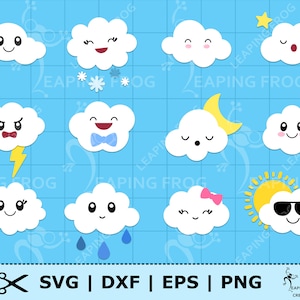 Nuages SVG. PNG. Mélangez et assortissez ! Fichiers découpés Cricut, fichiers superposés. Silhouette. Nuages avec visages, pluie, soleil, neige, ciel, météo. DXF, eps.