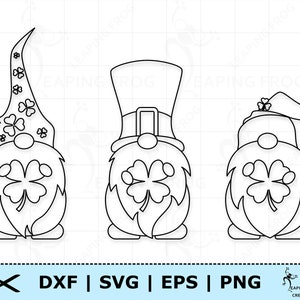 Puede incluir: Tres gnomos de arte de línea en blanco y negro con tréboles. Los gnomos llevan sombreros y tienen barbas. Los gnomos están de pie sobre un fondo blanco.