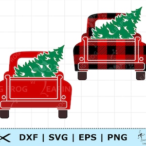 May include: Two red pickup trucks with white trim, carrying a green Christmas tree in the back. The truck on the left has a solid red back, while the truck on the right has a black and red checked back.