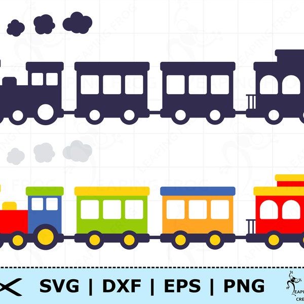 Train SVG. Coupe Cricut, fichiers superposés, fichiers Silhouette. PNG, DXF, EPS. Clipart, vecteur. Fête d'anniversaire, enfants, enfants. Pépinière. Fourgon de queue.