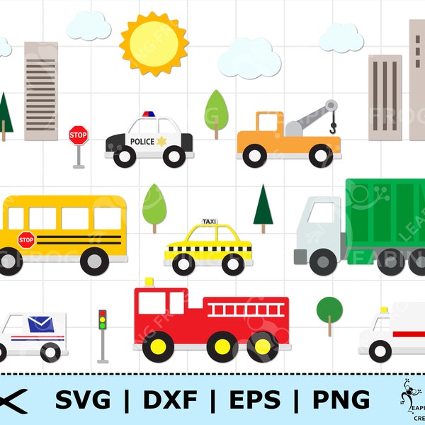 Vehicles SVG. PNG. Cut, layered files for Cricut / Silhouette. City vehicles. Firetruck, Police Car, Taxi, Tow Truck, School Bus, etc DXF