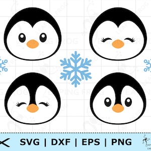 Pingüinos SVG. PNG. Archivos de corte Cricut, archivos en capas. Archivos de silueta. Negro, Blanco, linda Navidad, caras, cabezas, animales. ¡Descarga instantánea!