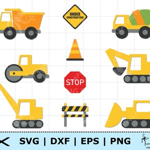 Bouw-SVG. PNG. Vrachtwagens, tractoren. Cricut gesneden, gelaagde bestanden. Silhouet. Voertuigen Kipper, bulldozer, kraan, borden, enz. DXF, eps.