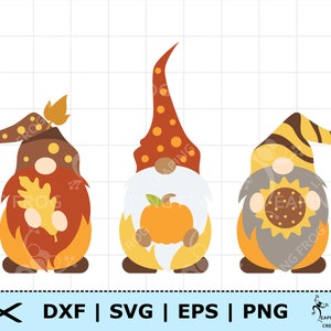 May include: Three illustrations of autumn gnomes. The gnomes feature orange, brown, and yellow hats and beards. One gnome holds a pumpkin, another has a sunflower, and the third has a leaf. The image includes the text "DXF | SVG | EPS | PNG".