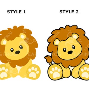 May include: Two cartoon lion illustrations in different styles. The first lion is sitting with its paws out and has a brown mane. The second lion is sitting with its paws tucked in and has a brown mane.