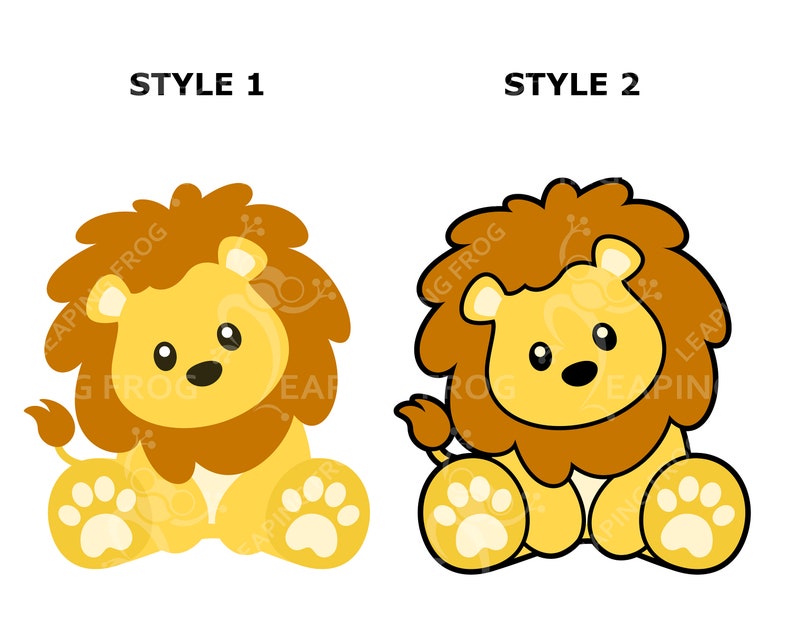 May include: Two cartoon lion illustrations in different styles. The first lion is sitting with its paws out and has a brown mane. The second lion is sitting with its paws tucked in and has a brown mane.
