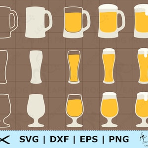 May include: A set of 10 SVG cut files for beer glasses and mugs. The designs include a variety of styles, from traditional beer mugs to modern pilsner glasses. The files are perfect for creating custom beer glasses for your next party or event.