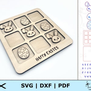 Ostern Tic Tac Toe SVG. Laser Cut Datei. Mit Namen anpassen. Schriftart enthalten. Glühschmiede, 3D. Digital. Hasen, Küken, Eier. DXF.
