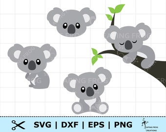 Può includere: Tre illustrazioni di orsi koala grigi. Un koala è seduto a braccia incrociate, un altro sta dormendo su un ramo d'albero e il terzo è in piedi a braccia incrociate.