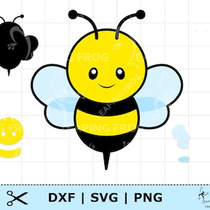 May include: A cartoon bee illustration with a yellow body, black stripes, and blue wings. The bee has a smiling face and antennae. The image includes the text "DXF | SVG | PNG".