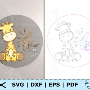 Giraffen-Laser-Zeichen SVG. Glowforge getestet. Dschungeltiere. Runde, runde Scheibe, fürs Kinderzimmer. Anpassen, Personalisieren mit Namen. Sofortdownload!