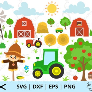 Op de afbeelding: Een set SVG-snijbestanden met een boerderijthema, waaronder een rode schuur, een groene tractor, een vogelverschrikker, een windmolen, hooibalen, een silo, een appelboom en maïsstengels.  SVG | DXF | EPS | PNG