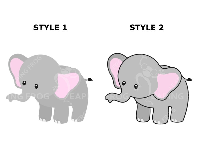 May include: Two cartoon elephant designs. Style 1 shows a gray elephant with pink ears and a trunk. Style 2 depicts a gray elephant with pink ears and a raised trunk. The text "STYLE 1" and "STYLE 2" are above each elephant.