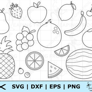 Fruit-SVG. PNG. Cricut gesneden bestanden, silhouetbestanden. Bundel, set. Sjabloon, overzicht. Aardbei, ananas, kokosnoot, appel, DXF, eps