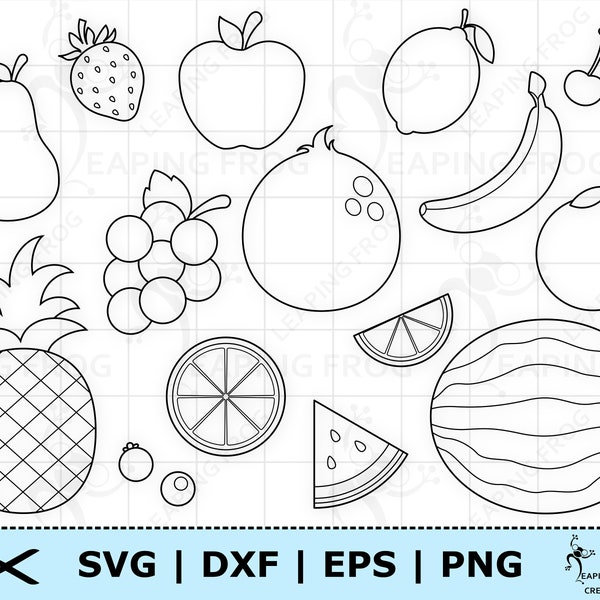 Obst SVG. PNG. Cricut cut Dateien, Silhouette Dateien. Bündel, Set. Schablone, Outline. Erdbeere, Ananas, Kokosnuss, Apfel, DXF, eps