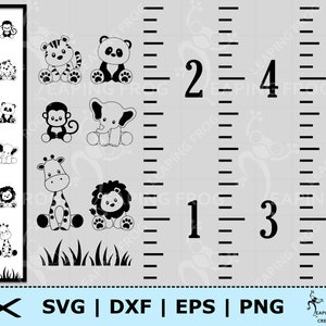Groeigrafiek SVG. Cricut gesneden bestanden, silhouet. Met schattige dieren! Muurliniaal. Markeringen, vinkjes, cijfers. PNG, DXF, eps. Directe download.