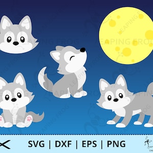 May include: Four gray cartoon wolves with black eyes and pink noses. The wolves are in different poses. One wolf is looking up at a yellow moon with white spots. The moon is in the upper right corner of the image. The background is blue.