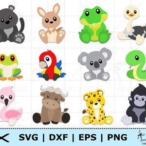 Animaux de la jungle SVG. PNG. Fichiers découpés Cricut, fichiers superposés. Fichiers silhouette. Safari, mignon, singe, lot, ensemble, DXF, eps. Téléchargement instantané !