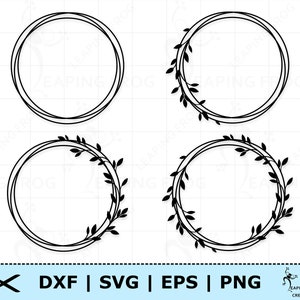May include: Four black and white wreath frames with a simple circle design. Two frames have a single circle, and two frames have a circle with a wreath of leaves around it.