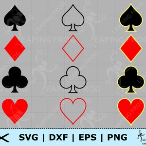 Lot de cartes SVG. 3 versions ! Fichiers découpés Cricut, superposés. Silhouette. DXF, PNG, EPS. Coeurs, pique, trèfle, carreau. Poker.