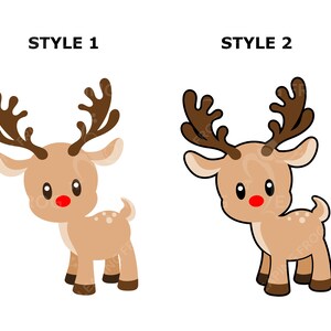 May include: Two cartoon reindeer illustrations, labeled "STYLE 1" and "STYLE 2", are presented against a white background. Each reindeer has brown antlers, a red nose, and a light brown body with white spots. The reindeer are in a standing pose.