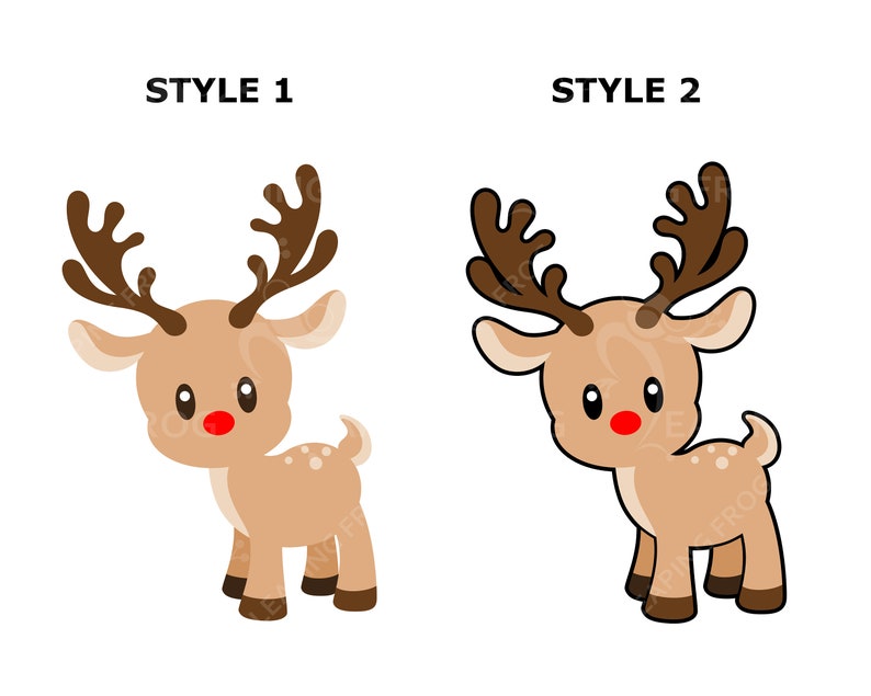 May include: Two cartoon reindeer illustrations, labeled "STYLE 1" and "STYLE 2", are presented against a white background. Each reindeer has brown antlers, a red nose, and a light brown body with white spots. The reindeer are in a standing pose.
