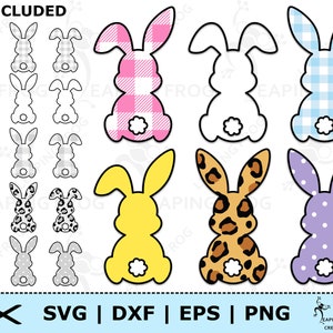 May include: A set of 10 bunny SVG cut files, including a solid outline, a gingham pattern, a polka dot pattern, a leopard print pattern, and a blue and white checkered pattern. The bunny SVG cut files are perfect for creating Easter crafts, decorations, and party favors.