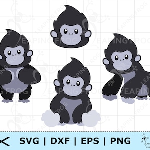Gorilla SVG. PNG. Pliki Cricut cut, warstwowe. Pliki Silhouette. Pakiet, zestaw, małpa, małpka. Zwierzęta dżungli, safari. Natychmiastowe pobranie. Słodkie!