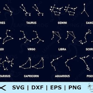 Costellazioni SVG. PNG. Segni zodiacali. File tagliati Cricut, file Silhouette. Stelle, punti, cielo. Pacchetto set astrologia, oroscopo e DXF