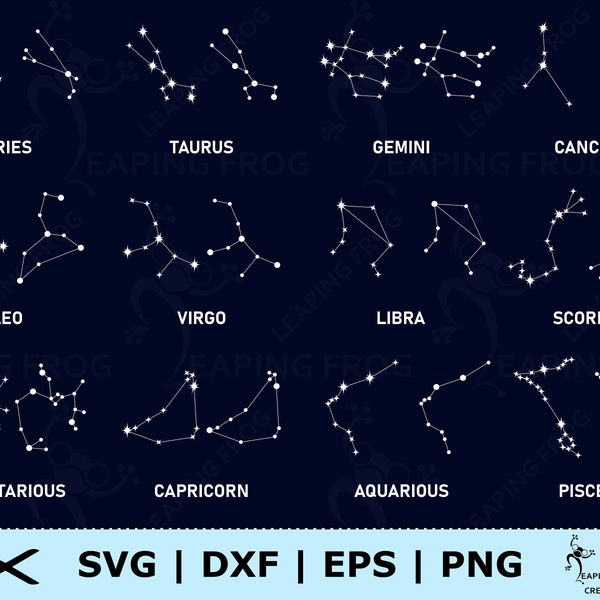 Constellations SVG. PNG. Zodiac signs. Cricut cut files, Silhouette files. Stars, Dots, Sky. Astrology, Horoscope, DXF Set Bundle