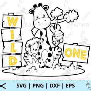 Wild One SVG、PNG、Cricut カット ファイル、昇華、プリント トゥ カット。アウトライン、ステンシル、ジャングル、サファリ、キリン、ライオン、DXF、eps。即時ダウンロード。