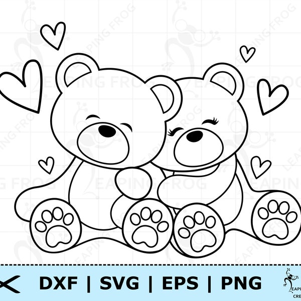 Teddy Bear SVG. Bear couple svg. Valentine's Day svg. Circut cut files, Silhouette. Stencil, Outline. Clipart, baby bear, Hearts png dxf eps