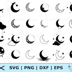 Maan en sterren SVG. PNG. Cricut Cut-bestanden, silhouetbestanden. Wolken, kat, zwart, wit, stencil, overzicht, DXF, eps. Directe download!