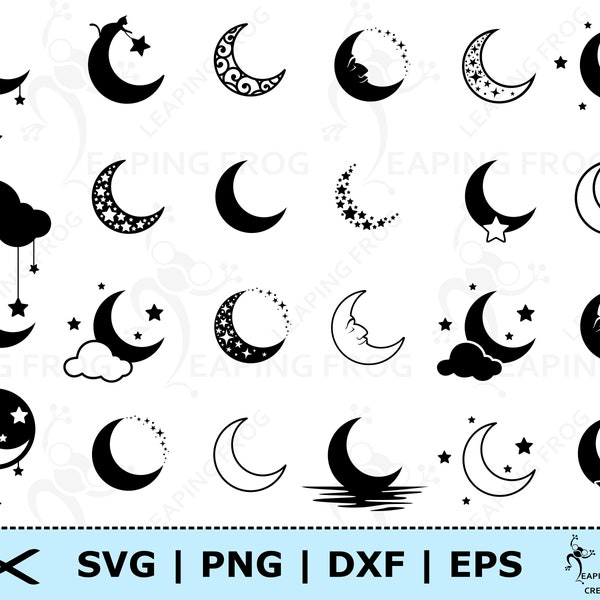 Moon and Stars SVG. PNG.  Cricut Cut Files, Silhouette files. Clouds, Cat, Black, White, Stencil, Outline, DXF, eps. Instant Download!