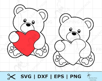 Valentine's Bear SVG. PNG. Heart. Cricut Cut Files, Silhouette, layered files. Teddy Bear, Stencil, Outline, Cute. DXF, Instant Download!
