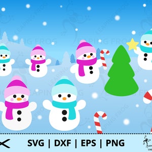 May include: A digital design featuring five cartoon snowmen with pink, blue, and turquoise scarves. The snowmen are standing in a snowy landscape with a green Christmas tree and candy canes.