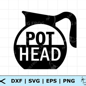 May include: Black and white silhouette of a coffee pot with the text "POT HEAD" inside.