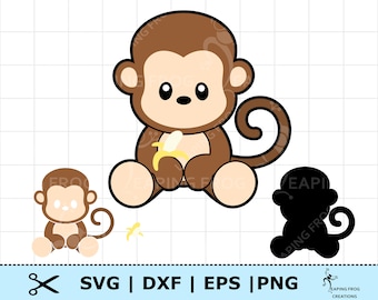 Cute Baby Monkey SVG. Whole image or cut/layered files. Monkey DXF. PNG.  Cricut, Silhouette  Monkey clipart. Jungle animals svg. Monkey png