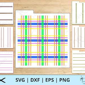 May include: A digital cut file design featuring a plaid pattern with red, orange, yellow, green, blue, and pink lines. The design is surrounded by four blank rectangular frames with lines.