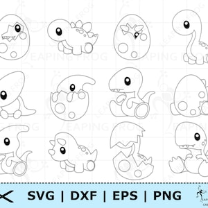 赤ちゃん恐竜 SVG。Cricut カット ファイル、シルエット ファイル。恐竜セット、バンドル。卵の中の赤ちゃん恐竜。孵化。アウトライン、ステンシル。