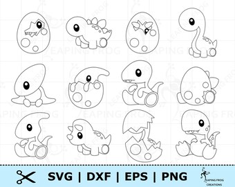 Dinosaurios bebés SVG. Archivos de corte cricut, archivos Silhouette. Conjunto de dinosaurios, paquete. Dinosaurios bebés en huevos. Eclosión. Esquema, plantilla.
