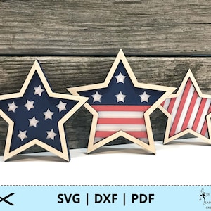 4 juli Lasersterren SVG, DXF, PDF. Voor laser - Glowforge getest. Amerikaanse vlag, sterren en strepen, houten, leunend. Directe download!