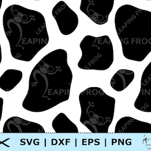 May include: Black and white seamless pattern featuring a frog silhouette repeated throughout the design. The pattern is made up of irregular shapes that resemble cow spots.