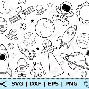 Planètes SVG. PNG. Fichiers de coupe Cricut. Fichiers silhouette. Espace, système solaire, Terre, Saturne, ovnis, astronautes, fusées, lune, DXF, pochoir eps