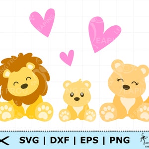Rodzina lwów SVG. Pliki Cricut Cut, warstwowe. Sylwetka. PNG DXF eps. Pakiet zwierząt dżungli svg. Zestaw lwów svg. Matka, ojciec, dziecko. Natychmiast.