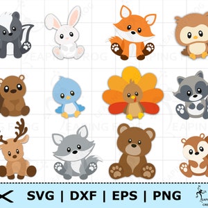 Set SVG di animali del bosco. Creature del bosco SVG. File tagliati Cricut, file a strati. File di sagoma. DXF. Pacchetto Animali del bosco png dxf