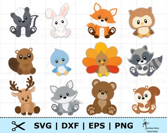 Set SVG di animali del bosco. Creature del bosco SVG. File tagliati Cricut, file a strati. File di sagoma. DXF. Pacchetto Animali del bosco png dxf