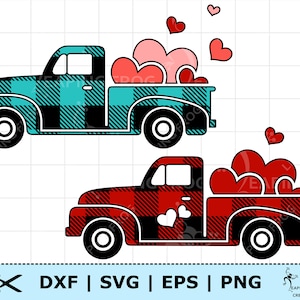 Valentine&#39;sTruck SVG. Multiple versions! Cricut cut files, layered files. Silhouette. Buffalo Plaid, Hearts, Retro Truck. png dxf eps. cute!