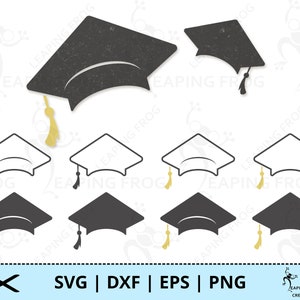 Könnte beinhalten: Ein Satz von zehn SVG-Schnittdateien für Abschlusskappen. Die Kappen sind in Schwarz, Weiß und Grau mit einer goldenen Quaste. Die Dateien sind perfekt zum Erstellen von personalisierten Abschlussdekorationen, Partygeschenken oder Geschenken.