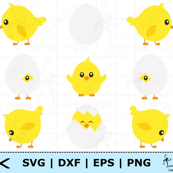 Joli ensemble de poussins SVG EPS DXF png. Silhouette, fichier de coupe Cricut. Images vectorielles, Clipart. Pâques, printemps, baby shower, crèche.